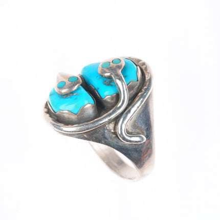 sz11 Effie Calavaza Zuni sterling silver turquoise 2 stone snakes men's ring