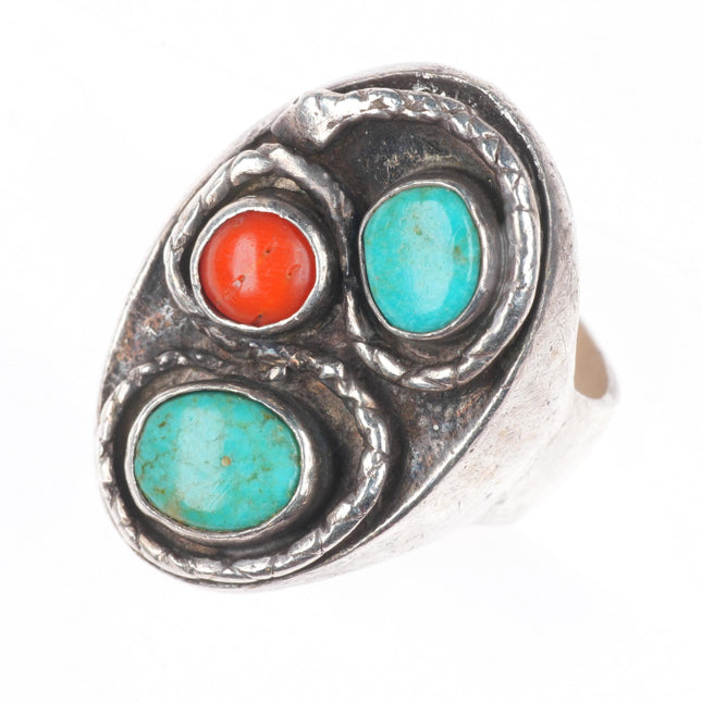 sz11.5 Vintage Zuni sterling silver, turquoise, coral snakes 3 stone ring
