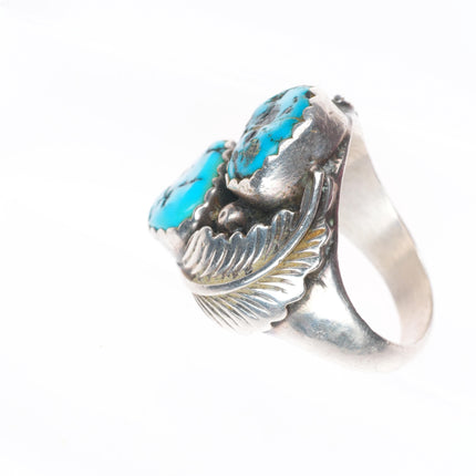 sz12 vintage AF Navajo sterling silver turquoise 2 stone feather ring