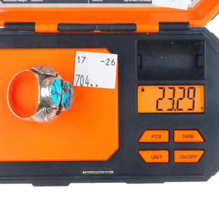 sz12 vintage AF Navajo sterling silver turquoise 2 stone feather ring