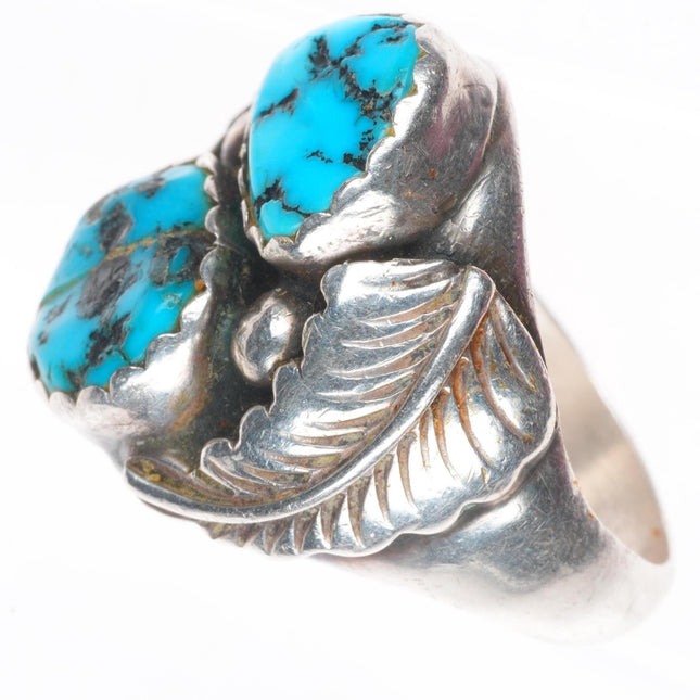 sz12 vintage AF Navajo sterling silver turquoise 2 stone feather ring