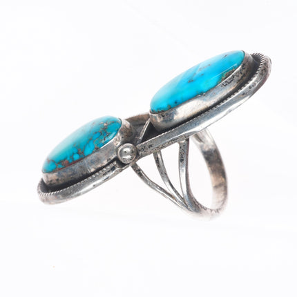 sz7.5 vintage Navajo sterling silver 2 stone turquoise long ring nice turquoise