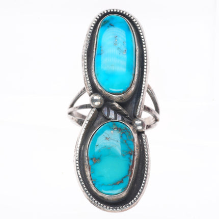 sz7.5 vintage Navajo sterling silver 2 stone turquoise long ring nice turquoise