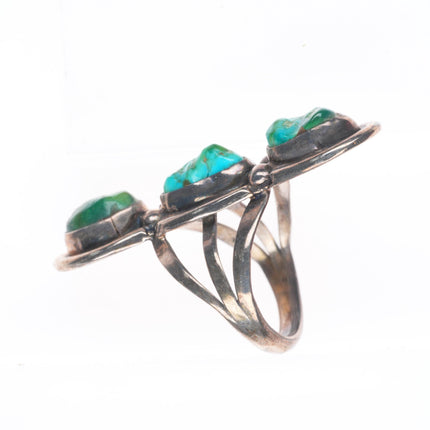 sz7 vintage Navajo sterling silver 3 stone natural turquoise nugget long ring