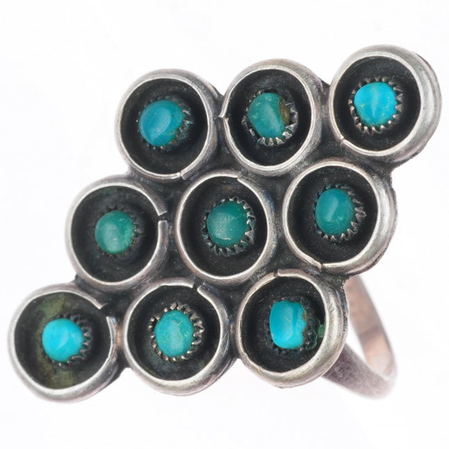 sz8 Vintage Zuni sterling silver snake eye turquoise 9 stone ring