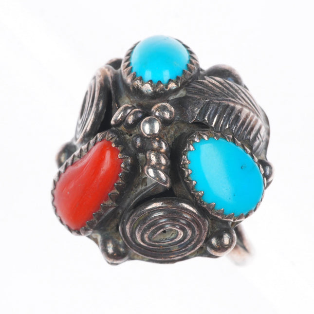 sz6.5 vintage Navajo sterling silver turquoise/coral domed top feather ring