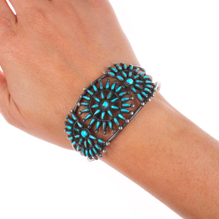 6.3" 1930's Zuni sterling silver high grade needlepoint turquoise cuff bracelet