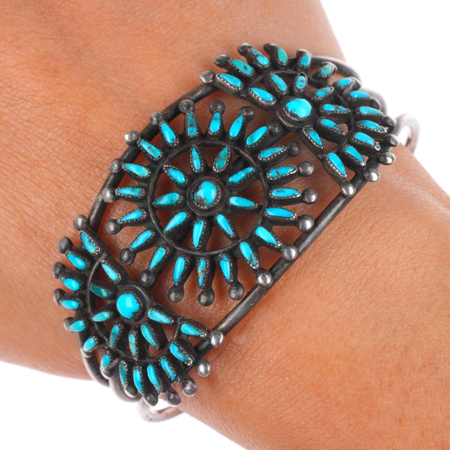 6.3" 1930's Zuni sterling silver high grade needlepoint turquoise cuff bracelet