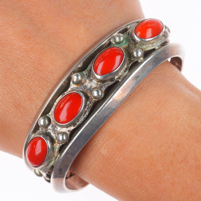 6.6" Vintage Navajo sterling silver coral row cuff bracelet twisted wire sides