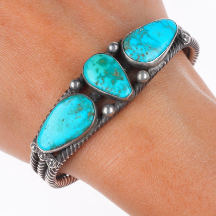 6.6" c1930 Vintage Navajo ingot silver twisted wire turquoise cuff bracelet