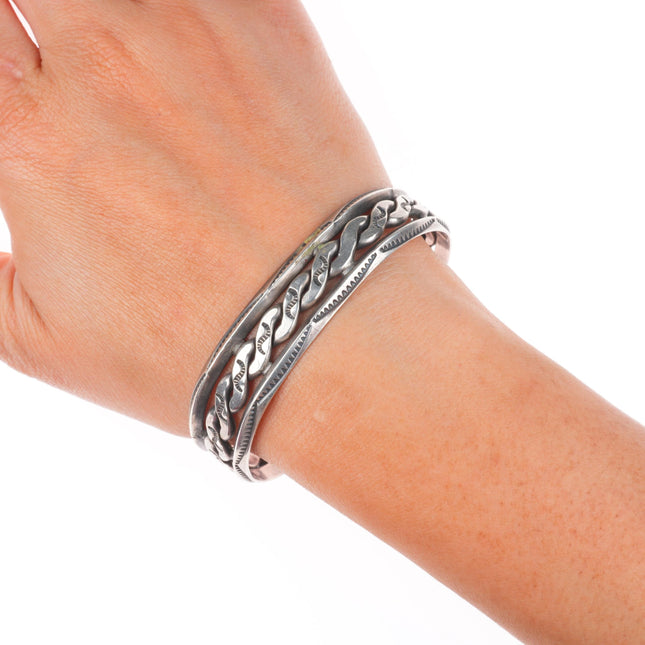 6.7" IH Coin sterling silver vintage Navajo hand stamped carinated/twisted cuff bracelet