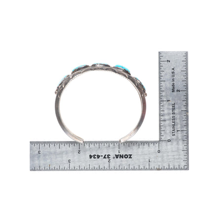 6" Vintage Navajo sterling silver 5 turquoise row cuff bracelet carinated sides