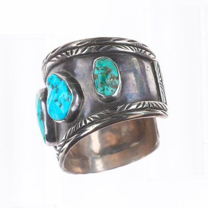 6.5" AM Vintage Navajo sterling silver chiseled turquoise wide cuff bracelet