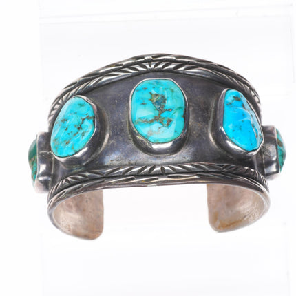 6.5" AM Vintage Navajo sterling silver chiseled turquoise wide cuff bracelet
