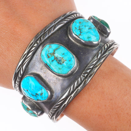 6.5" AM Vintage Navajo sterling silver chiseled turquoise wide cuff bracelet