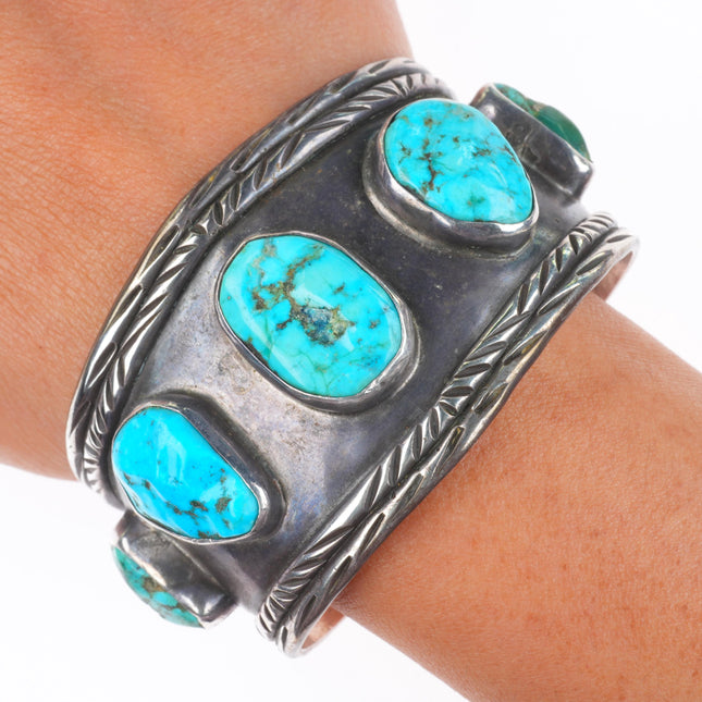 6.5" AM Vintage Navajo sterling silver chiseled turquoise wide cuff bracelet