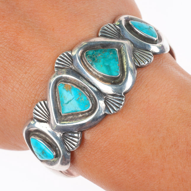 6" c1930's Ingot silver chiseled/filed cast turquoise row cuff bracelet