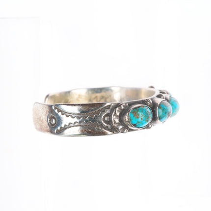 6.25" 30's-40's Navajo deep stamped sterling silver turquoise row cuff bracelet