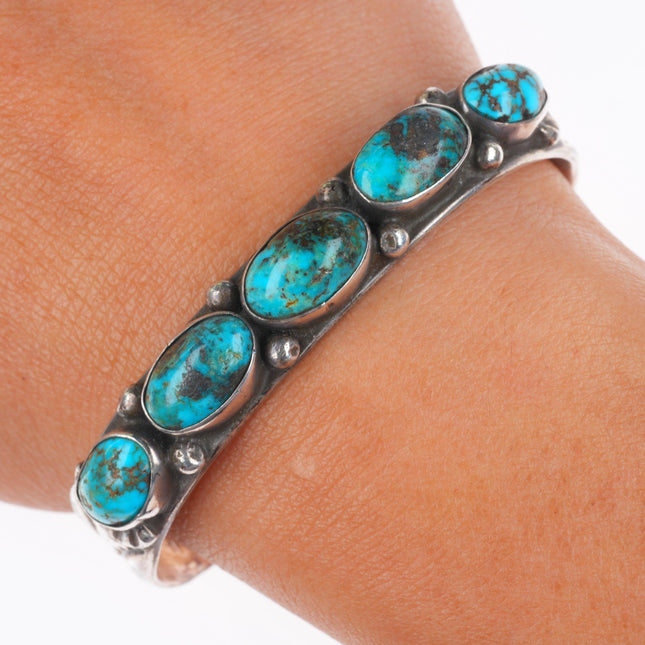6.25" 30's-40's Navajo deep stamped sterling silver turquoise row cuff bracelet