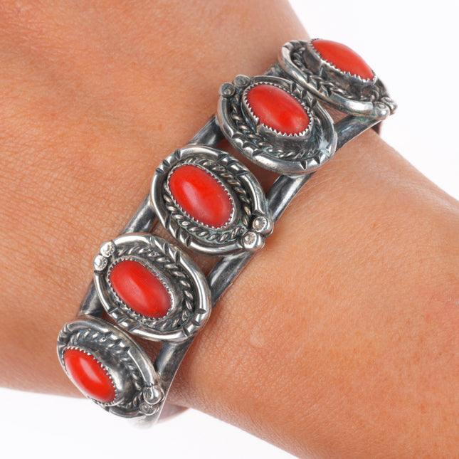 6.75" Vintage Navajo sterling silver red coral row cuff bracelet rope bezel