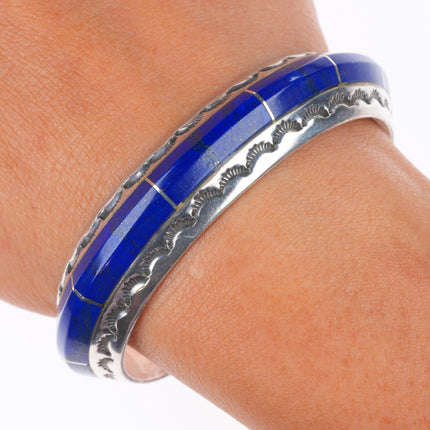 6.3" Vintage Navajo sterling silver lapis channel inlay stamped cuff bracelet