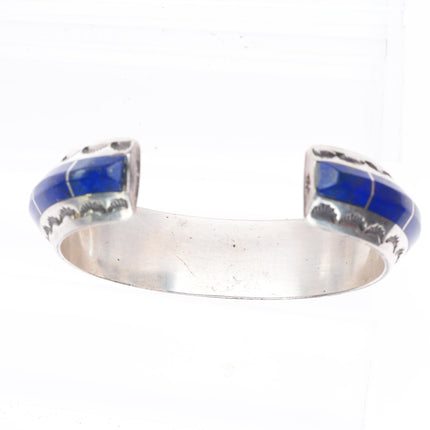 6.3" Vintage Navajo sterling silver lapis channel inlay stamped cuff bracelet