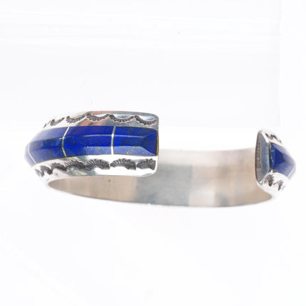 6.3" Vintage Navajo sterling silver lapis channel inlay stamped cuff bracelet