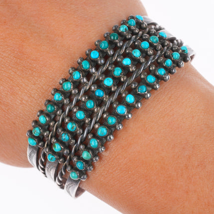 6.25" c1940's Zuni sterling silver 3 row snake eye turquoise cuff bracelet