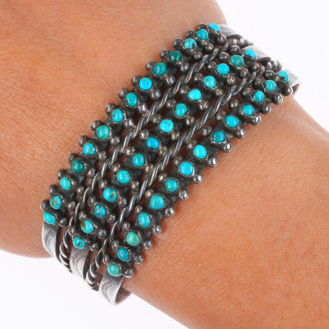 6.25" c1940's Zuni sterling silver 3 row snake eye turquoise cuff bracelet