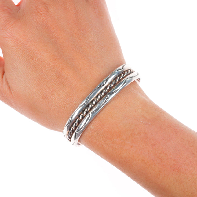 6.35" Vintage Navajo sterling silver 2 row stamped twisted wire cuff bracelet