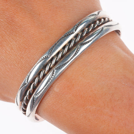 6.35" Vintage Navajo sterling silver 2 row stamped twisted wire cuff bracelet