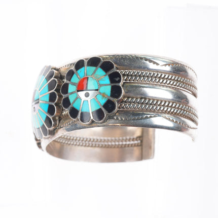 6.6" vintage Zuni/Navajo sterling silver turquoise sunface inlay cuff bracelet