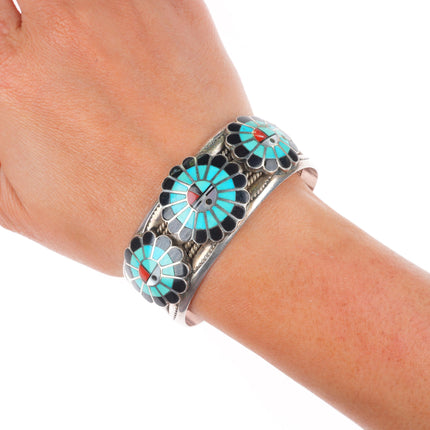 6.6" vintage Zuni/Navajo sterling silver turquoise sunface inlay cuff bracelet