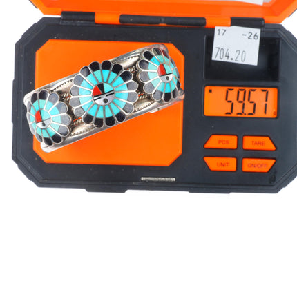 6.6" vintage Zuni/Navajo sterling silver turquoise sunface inlay cuff bracelet