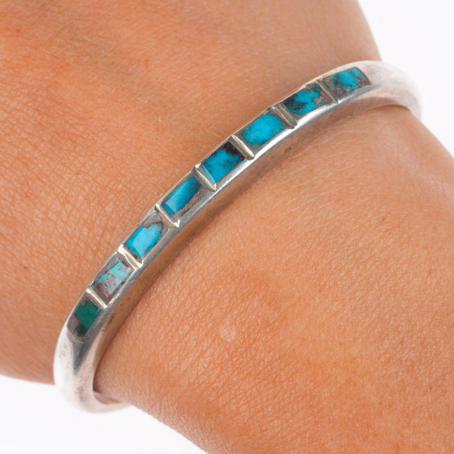 6.1" c1950's Bisbee Turquoise Zuni sterling silver inlay stacker cuff bracelet