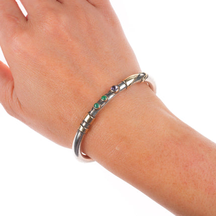 6.1" retro 14k gold/Sterling silver Emerald/Amethyst modernist cuff bracelet