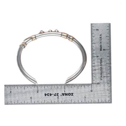 6.1" retro 14k gold/Sterling silver Emerald/Amethyst modernist cuff bracelet