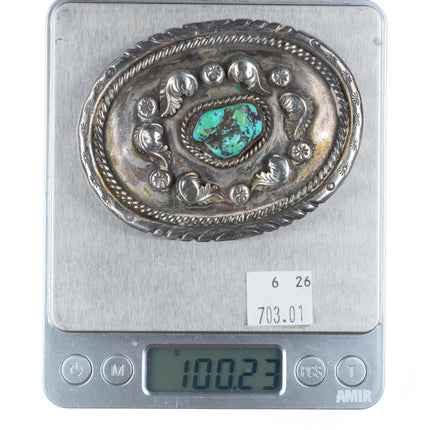 Dan Secatero heavy vintage Navajo sterling silver turquoise belt buckle