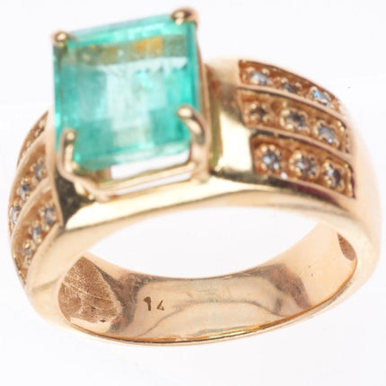 sz6 retro 14k yellow gold gold pastel Columbian emerald 18 diamond women's ring