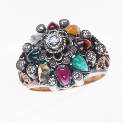 sz5.5 14k yellow gold diamond, emerald ruby, jade, garnet Thai princess ring