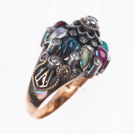 sz5.5 14k yellow gold diamond, emerald ruby, jade, garnet Thai princess ring