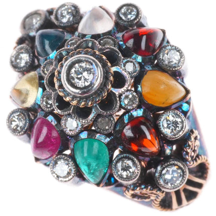 sz5.5 14k yellow gold diamond, emerald ruby, jade, garnet Thai princess ring
