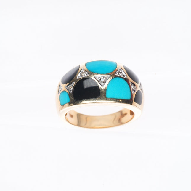 sz7 retro 14k yellow gold, diamond, turquoise, onyx inlay size 7 women's ring