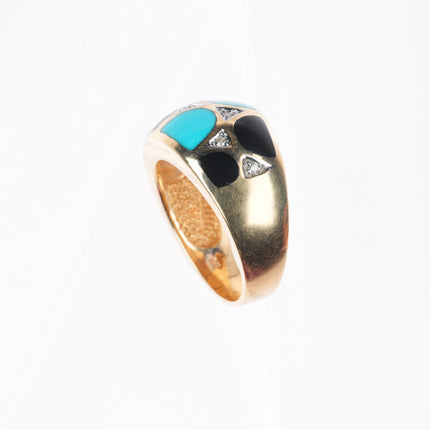 sz7 retro 14k yellow gold, diamond, turquoise, onyx inlay size 7 women's ring