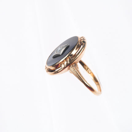 sz7.5 Antique 14k yellow gold diamond, platinum onyx women's size 7.5 ring