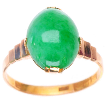 sz7 14k yellow gold antique Chinese green Jadeite jade size 7 women's ring