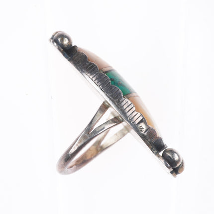sz7 Big vintage Zuni sterling silver, turquoise, shell channel inlay ring