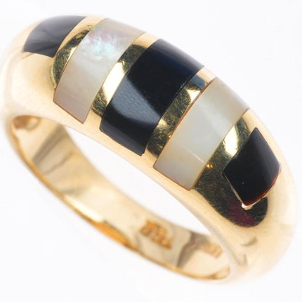 sz7.5 retro 14k yellow gold onyx/shell size 7.5 women's ring zebra stripes