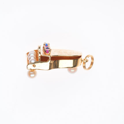 vintage 14k yellow gold sapphire, ruby, pearls grand piano charm/pendant