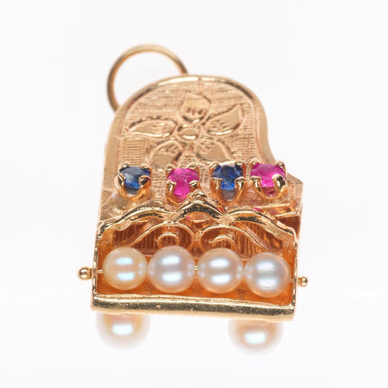 vintage 14k yellow gold sapphire, ruby, pearls grand piano charm/pendant